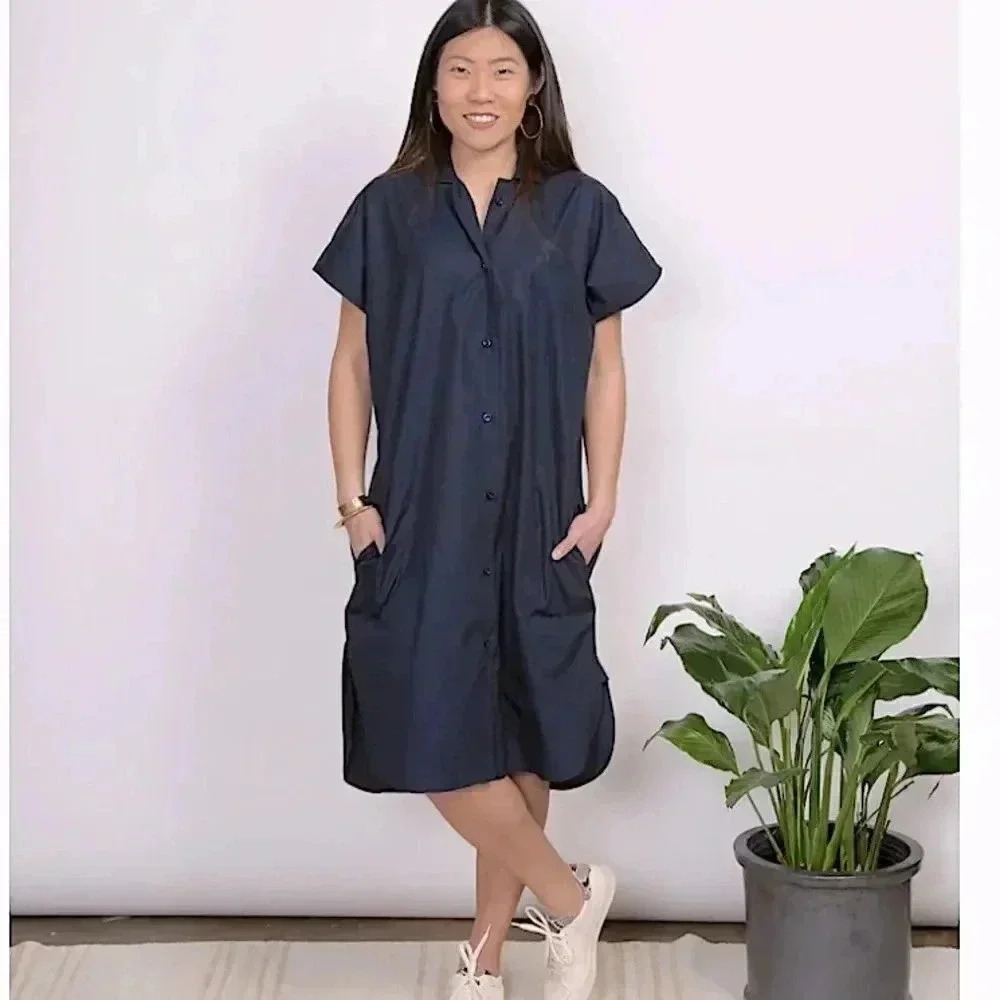 New SBJ Austin Navy Blue Midi Shirtdress Size Large Cottagecore Prairie Coastal - Picture 4 of 15